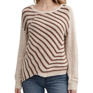 Brochu Walker Striped Asymmetric Knit Sweater Cream Cotton‎ Linen Blend Medium